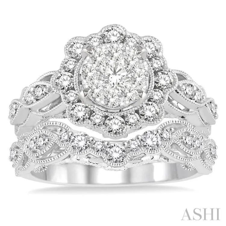 1 1/6 Ctw Diamond Lovebright Wedding Set with 7/8 Ctw Engagement Ring and 1/4 Ctw Wedding Band in 14K White Gold