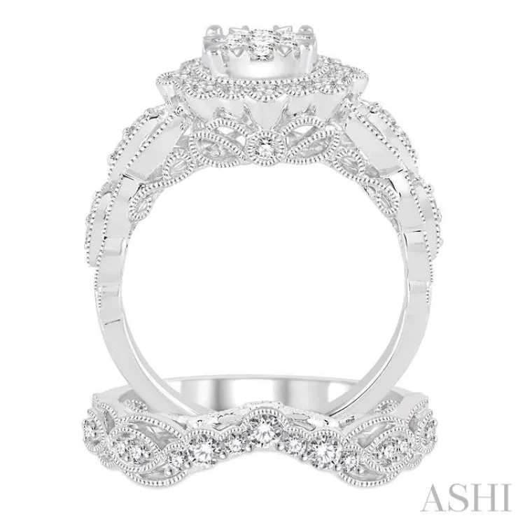 1 1/6 Ctw Diamond Lovebright Wedding Set with 7/8 Ctw Engagement Ring and 1/4 Ctw Wedding Band in 14K White Gold