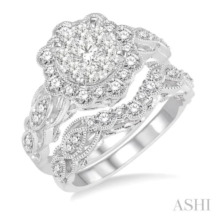 1 1/6 Ctw Diamond Lovebright Wedding Set with 7/8 Ctw Engagement Ring and 1/4 Ctw Wedding Band in 14K White Gold