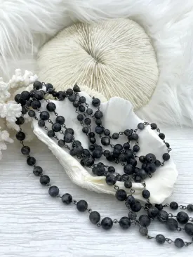 1 Meter (39') BLACK LABRADORITE GEMSTONE Rosary Chain, Beaded chain Gun Metal. 6mm & 8mm round gemstone beads, Fast ship