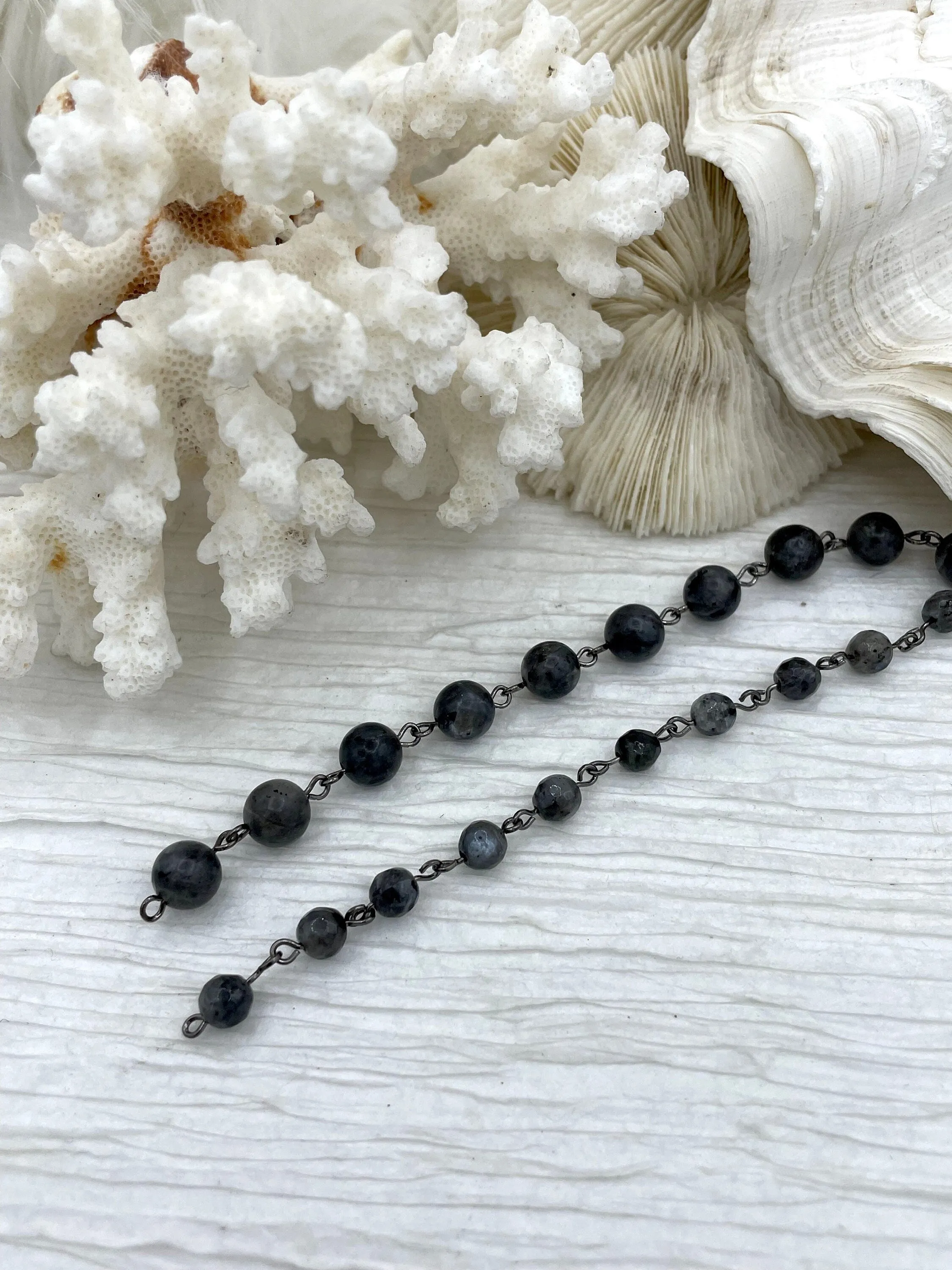 1 Meter (39') BLACK LABRADORITE GEMSTONE Rosary Chain, Beaded chain Gun Metal. 6mm & 8mm round gemstone beads, Fast ship