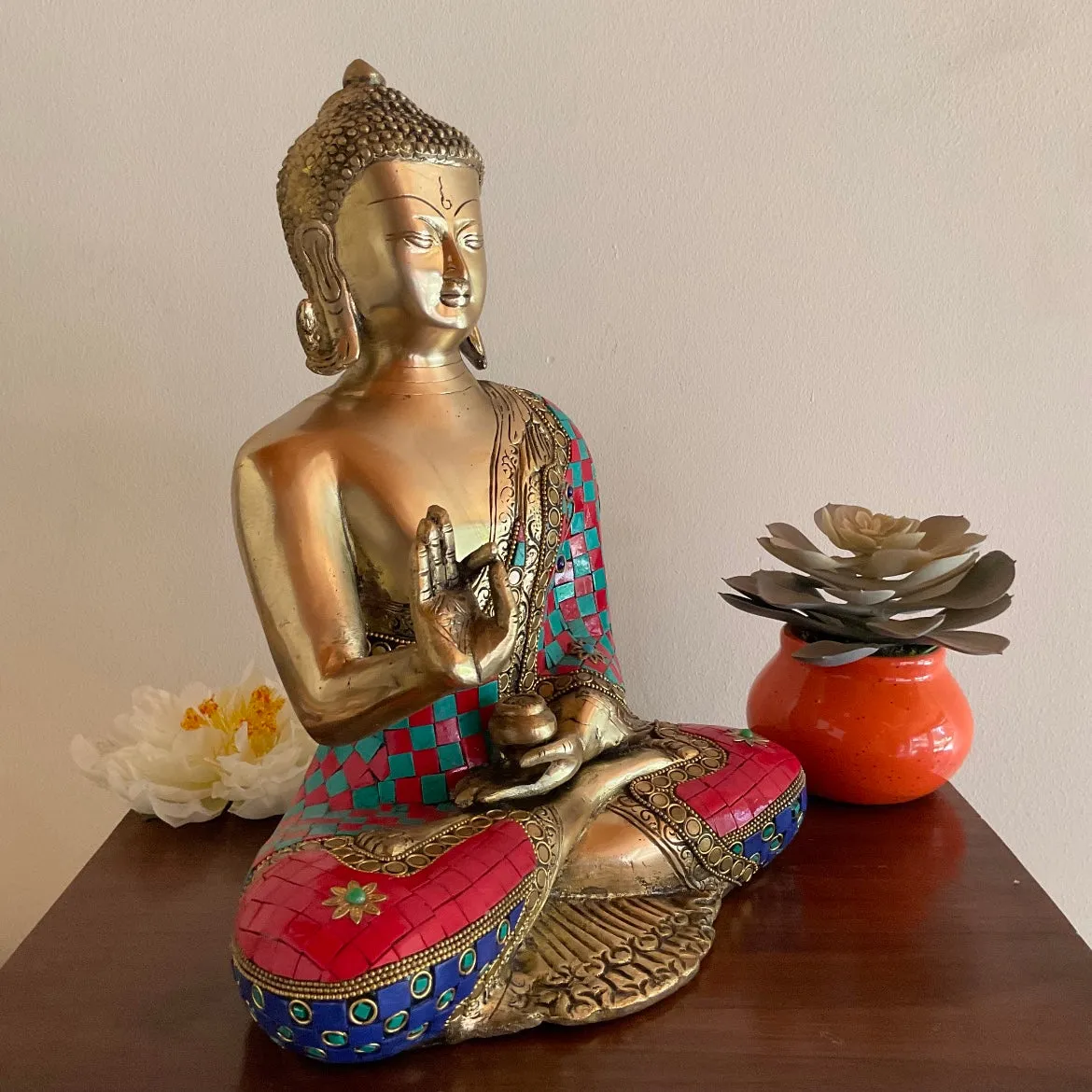 12 Inches Buddha Brass Statue Stonework - Decorative Home Decor Idol