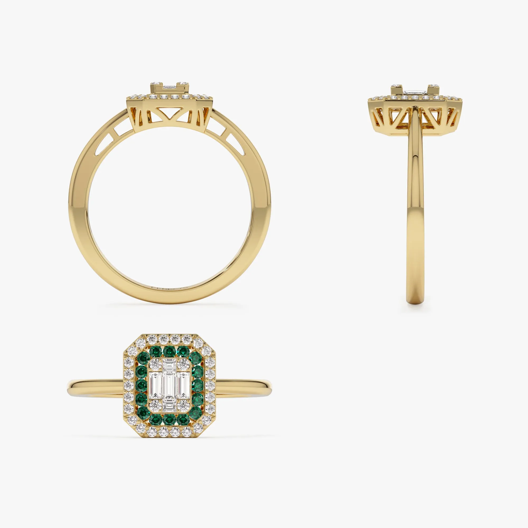 14k Baguette and Round Emerald Ring with Halo Setting