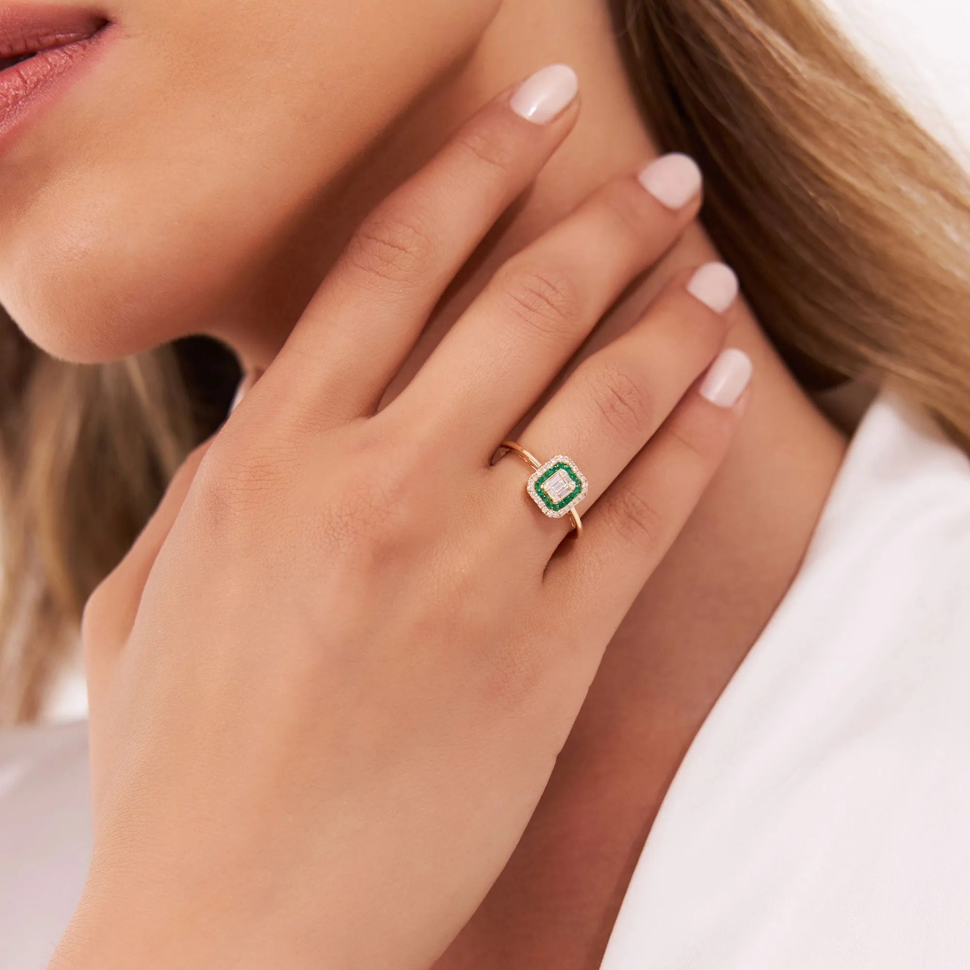 14k Baguette and Round Emerald Ring with Halo Setting