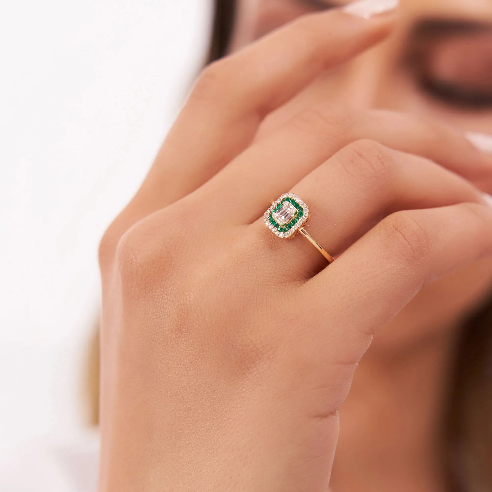 14k Baguette and Round Emerald Ring with Halo Setting