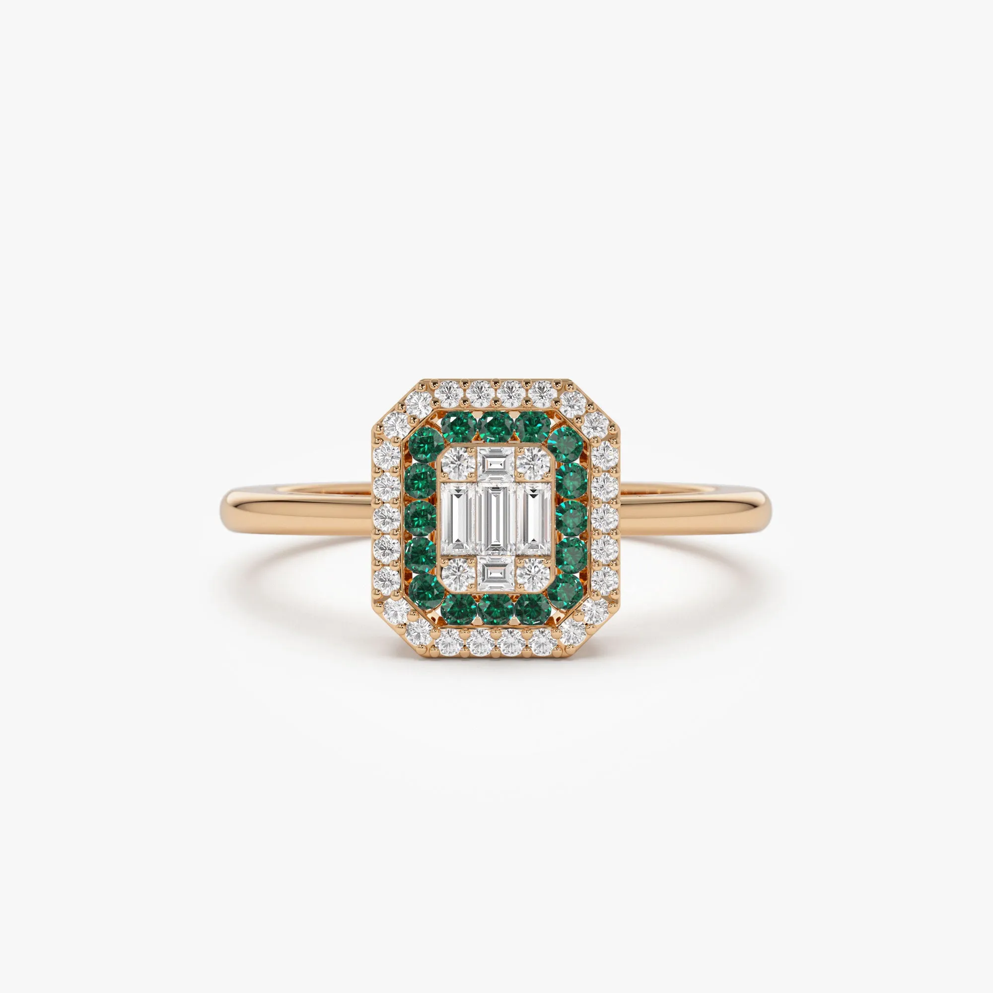 14k Baguette and Round Emerald Ring with Halo Setting