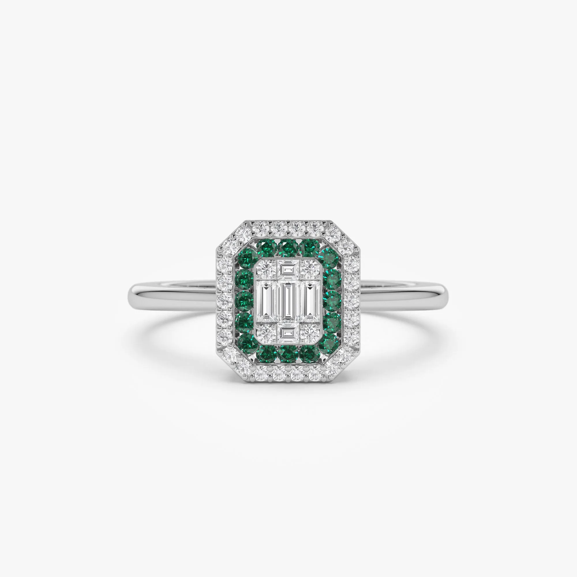 14k Baguette and Round Emerald Ring with Halo Setting