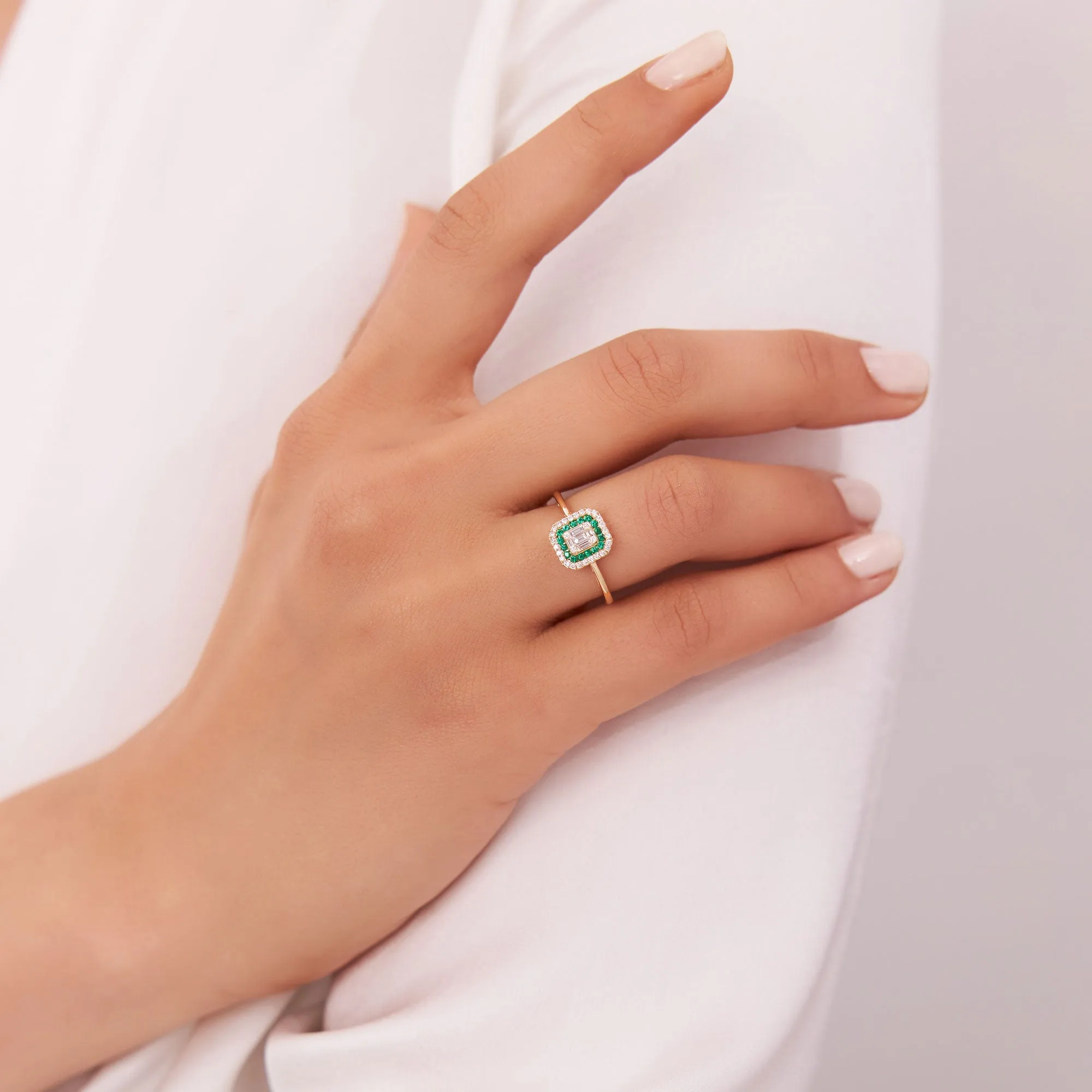 14k Baguette and Round Emerald Ring with Halo Setting