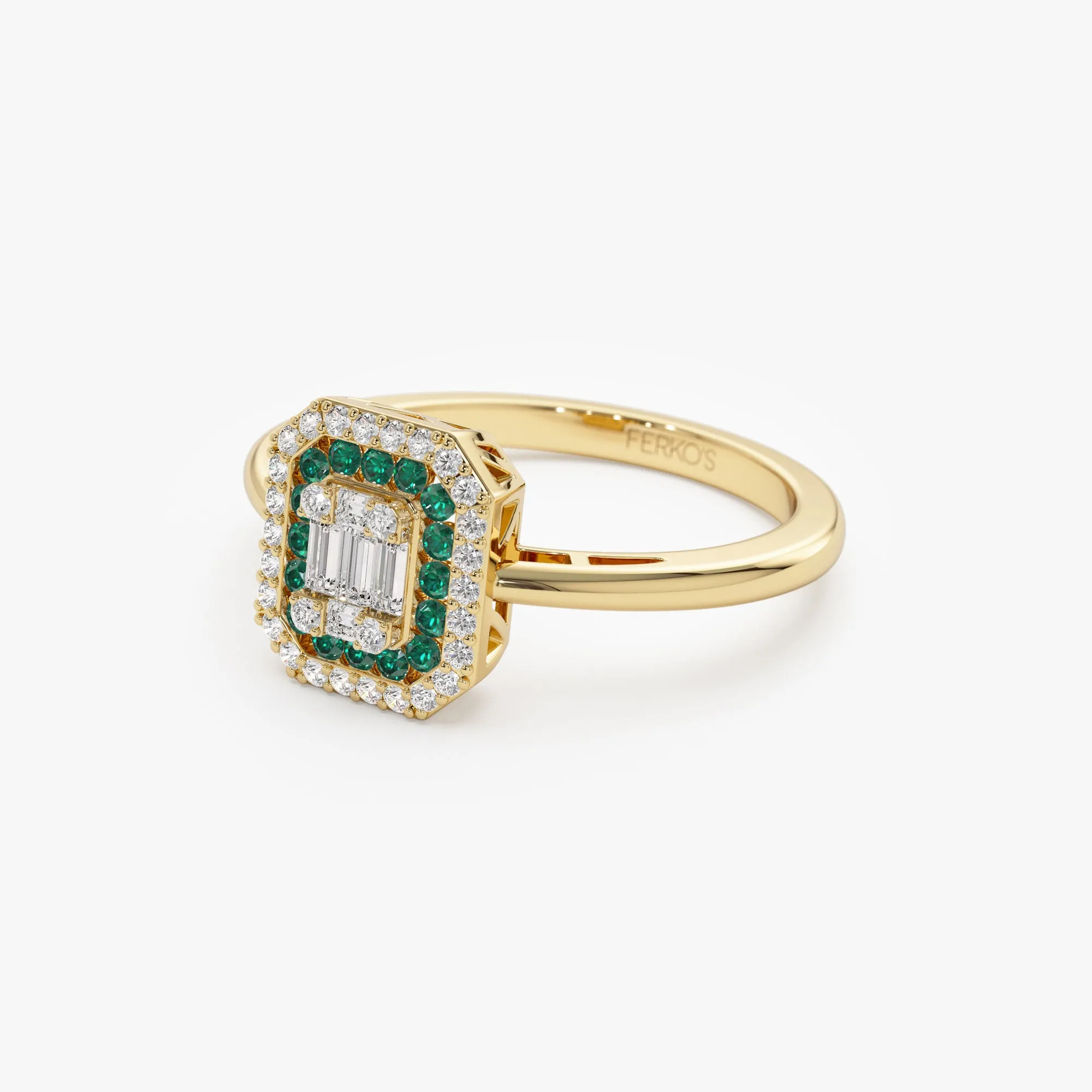 14k Baguette and Round Emerald Ring with Halo Setting