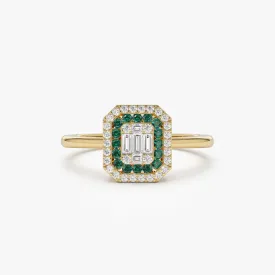 14k Baguette and Round Emerald Ring with Halo Setting