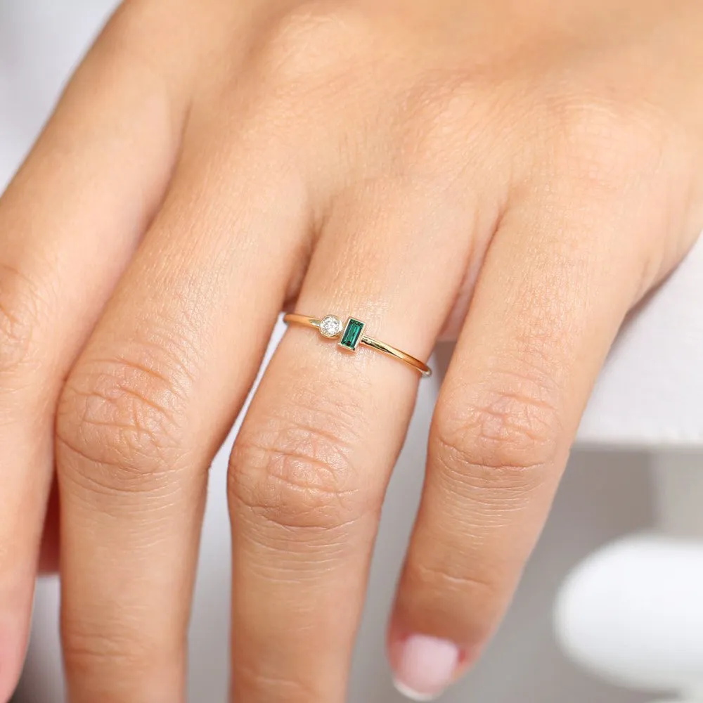 14k Baguette Emerald and Diamond Stackable Ring