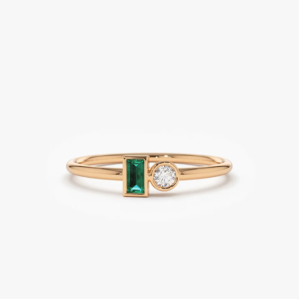 14k Baguette Emerald and Diamond Stackable Ring