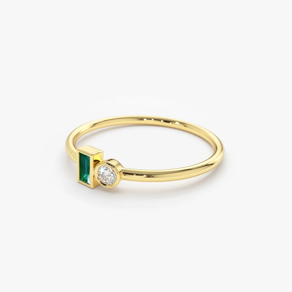 14k Baguette Emerald and Diamond Stackable Ring