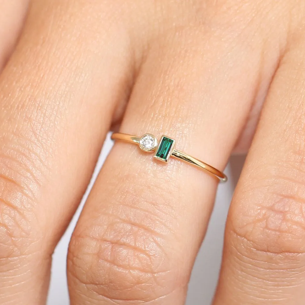 14k Baguette Emerald and Diamond Stackable Ring