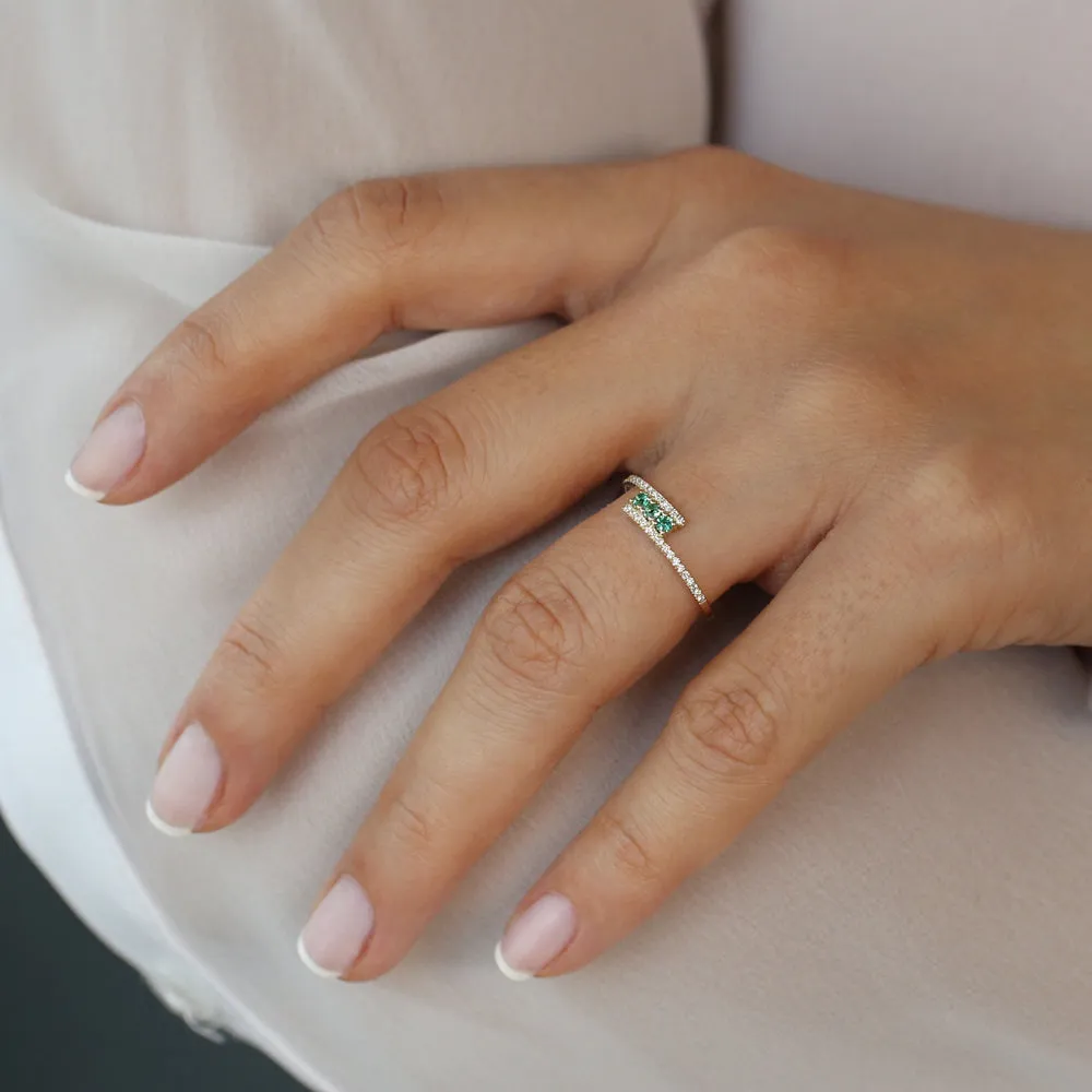 14k Cross Over Diamond Ring with Round Emeralds