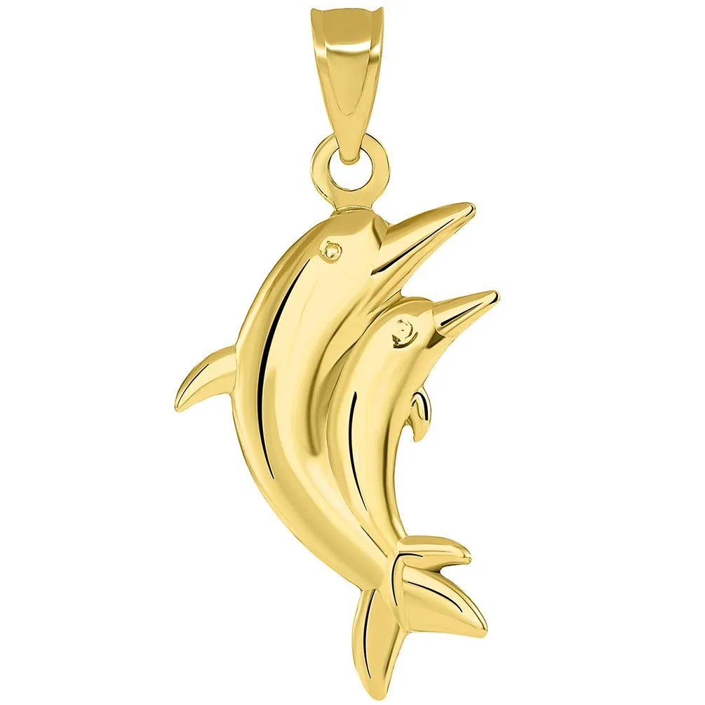 14k Gold 3D Two Dolphins Jumping Together Vertical Pendant with Figaro Necklace - Yellow Gold