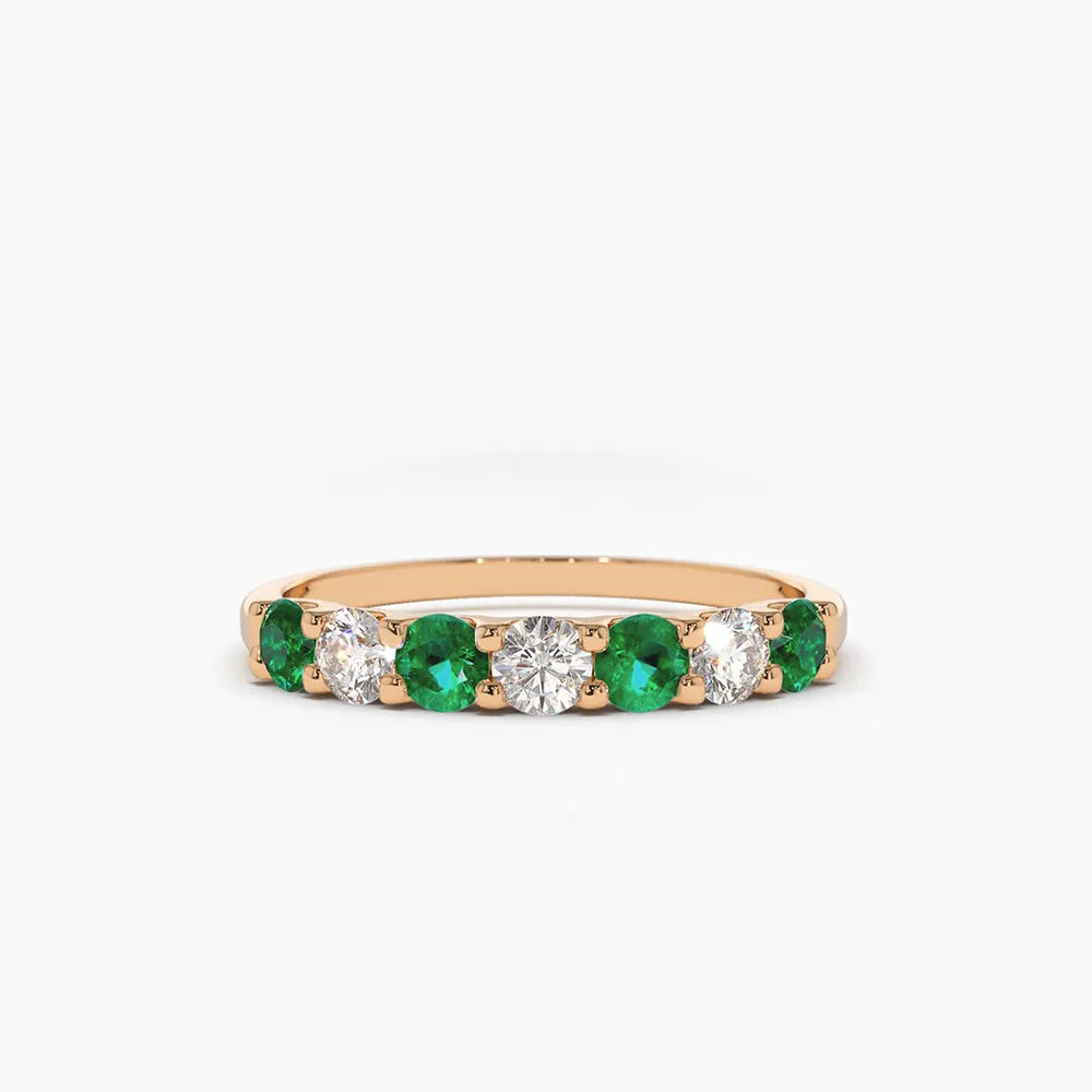 14K Gold Alternating Emerald and Diamond Wedding Band