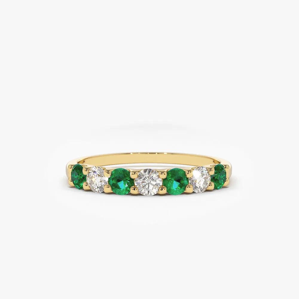 14K Gold Alternating Emerald and Diamond Wedding Band