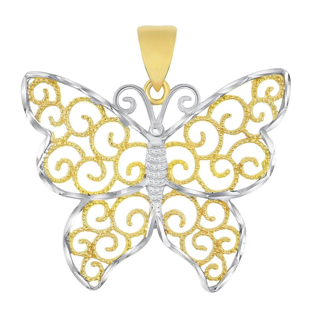 14k Gold Open Filigree Two-Tone Infinity Butterfly Pendant Necklace - Yellow Gold