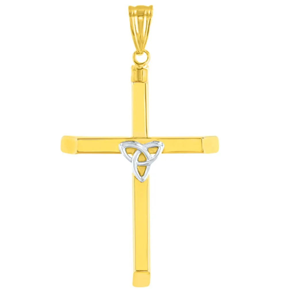 14K Gold Plain Celtic Trinity Cross with Triquetra Symbol Pendant Figaro Chain Necklace - Two Tone Gold