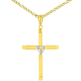 14K Gold Plain Celtic Trinity Cross with Triquetra Symbol Pendant Figaro Chain Necklace - Two Tone Gold