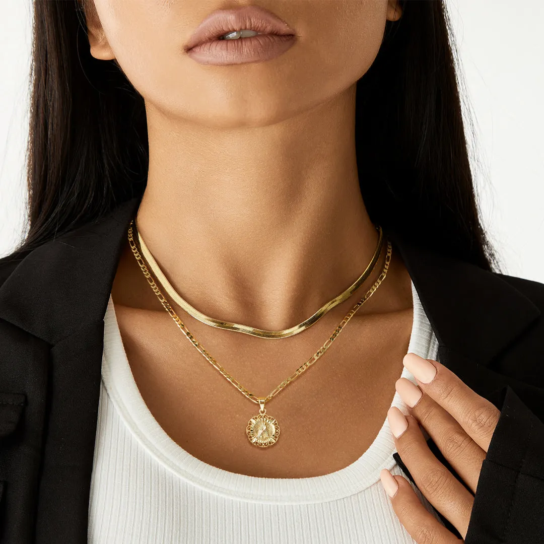 14K Gold Plated Dainty Layering Round Initial Letter Pendant Necklaces With Figaro Snake Chain