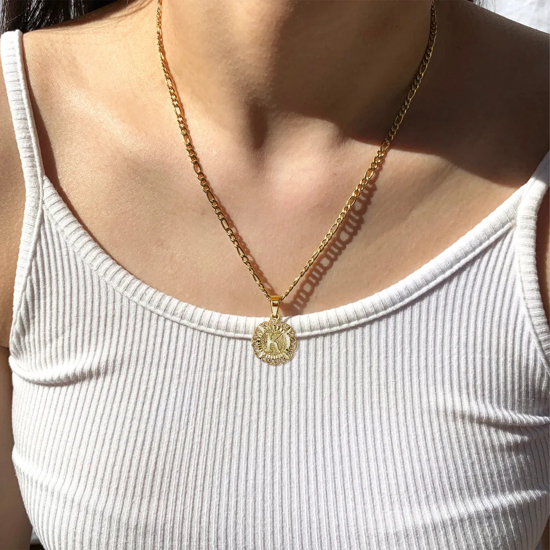 14K Gold Plated Dainty Layering Round Initial Letter Pendant Necklaces With Figaro Snake Chain