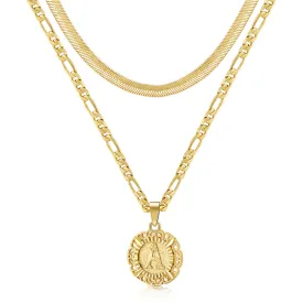 14K Gold Plated Dainty Layering Round Initial Letter Pendant Necklaces With Figaro Snake Chain