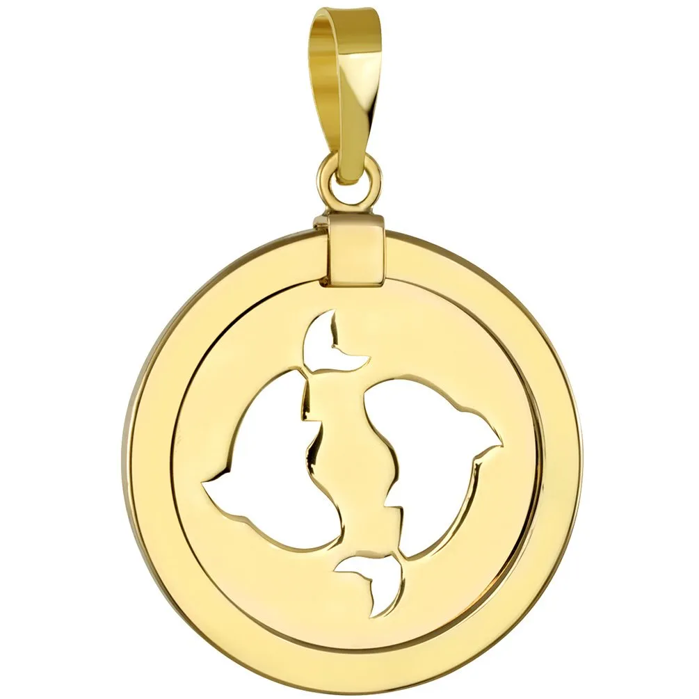 14K Gold Reversible Round Pisces Zodiac Sign Pendant Necklace - Yellow Gold