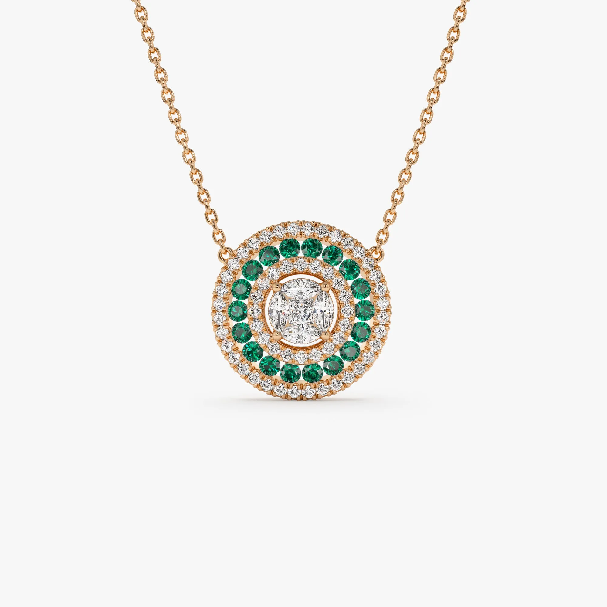 14K Gold Round Diamond Emerald Necklace