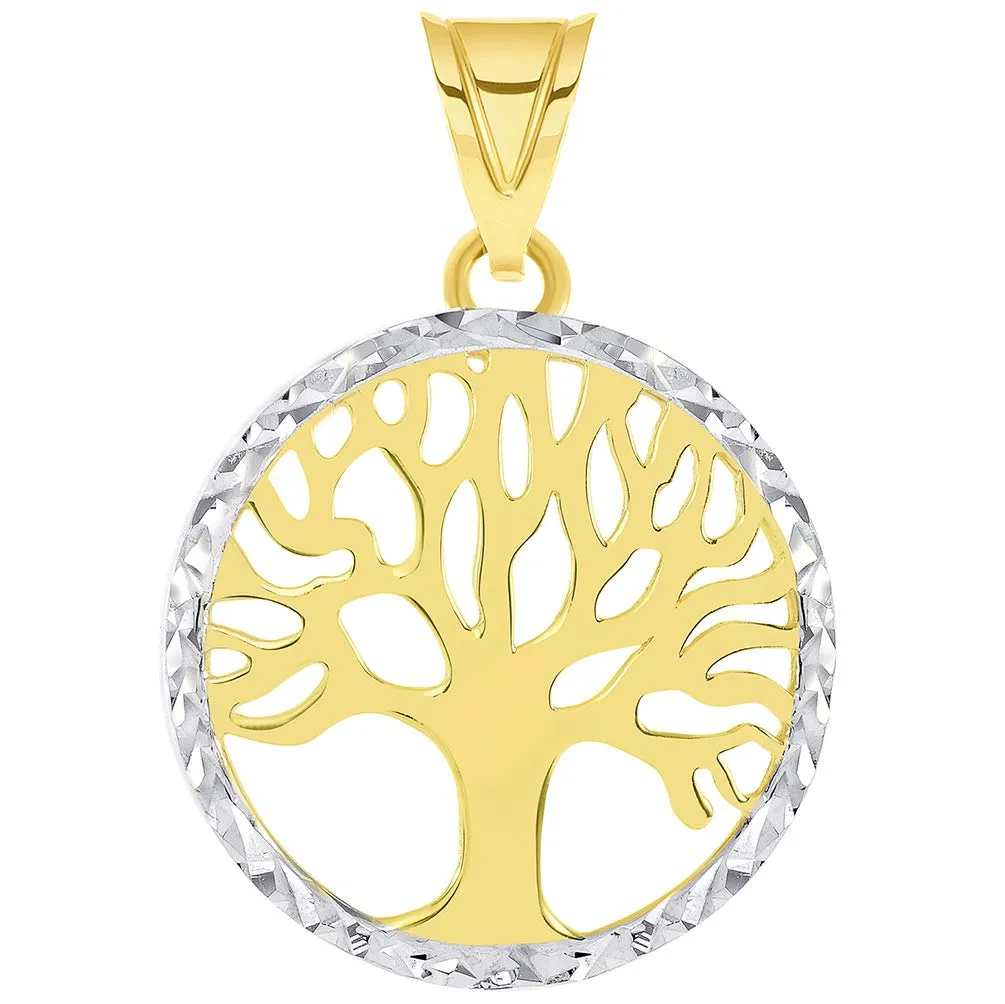 14k Gold Textured and Polished Round Tree of Life Medallion Pendant with Curb Chain Necklace - Yellow Gold