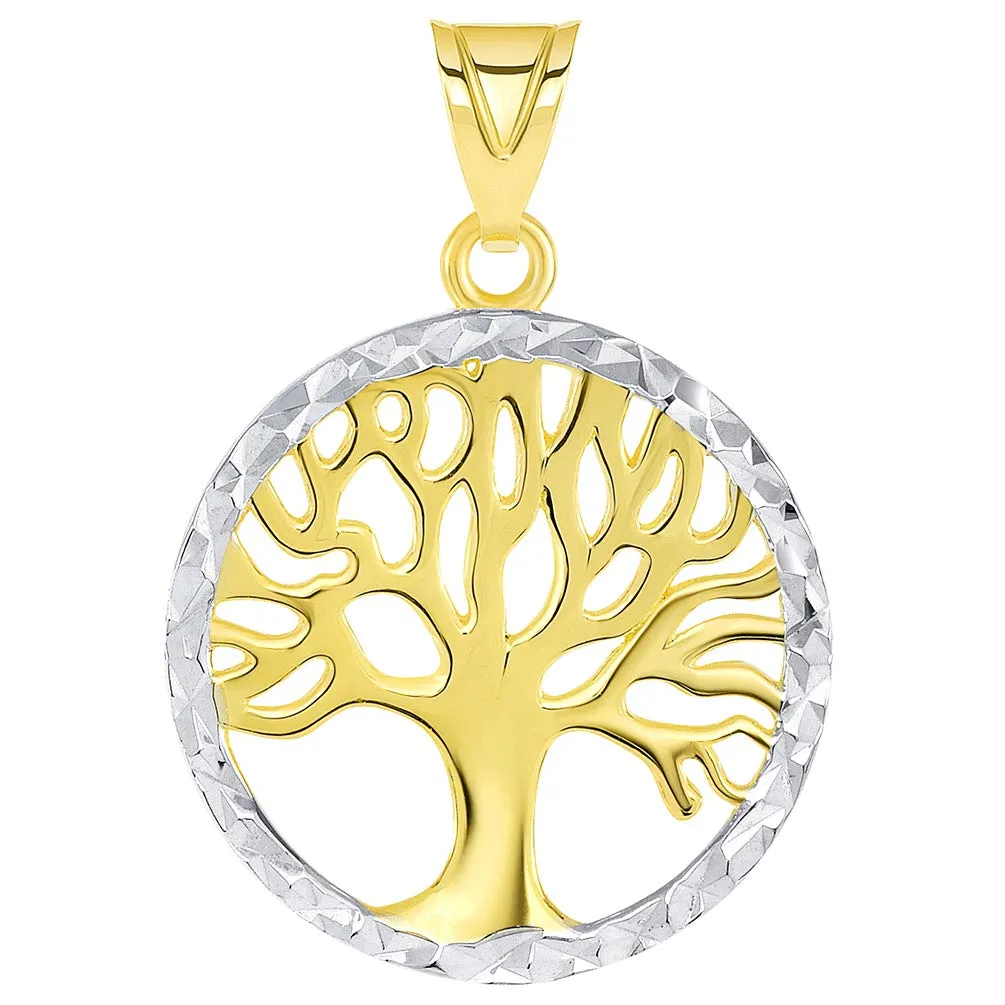 14k Gold Textured Round Two Tone Tree of Life Medal Pendant Necklace - Yellow Gold