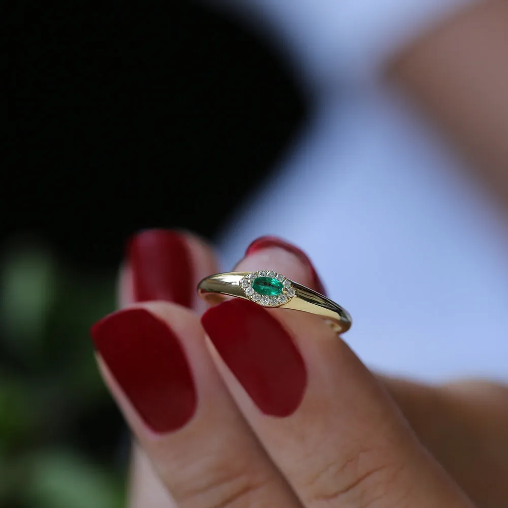 14k Marquise Emerald Ring in Halo Setting