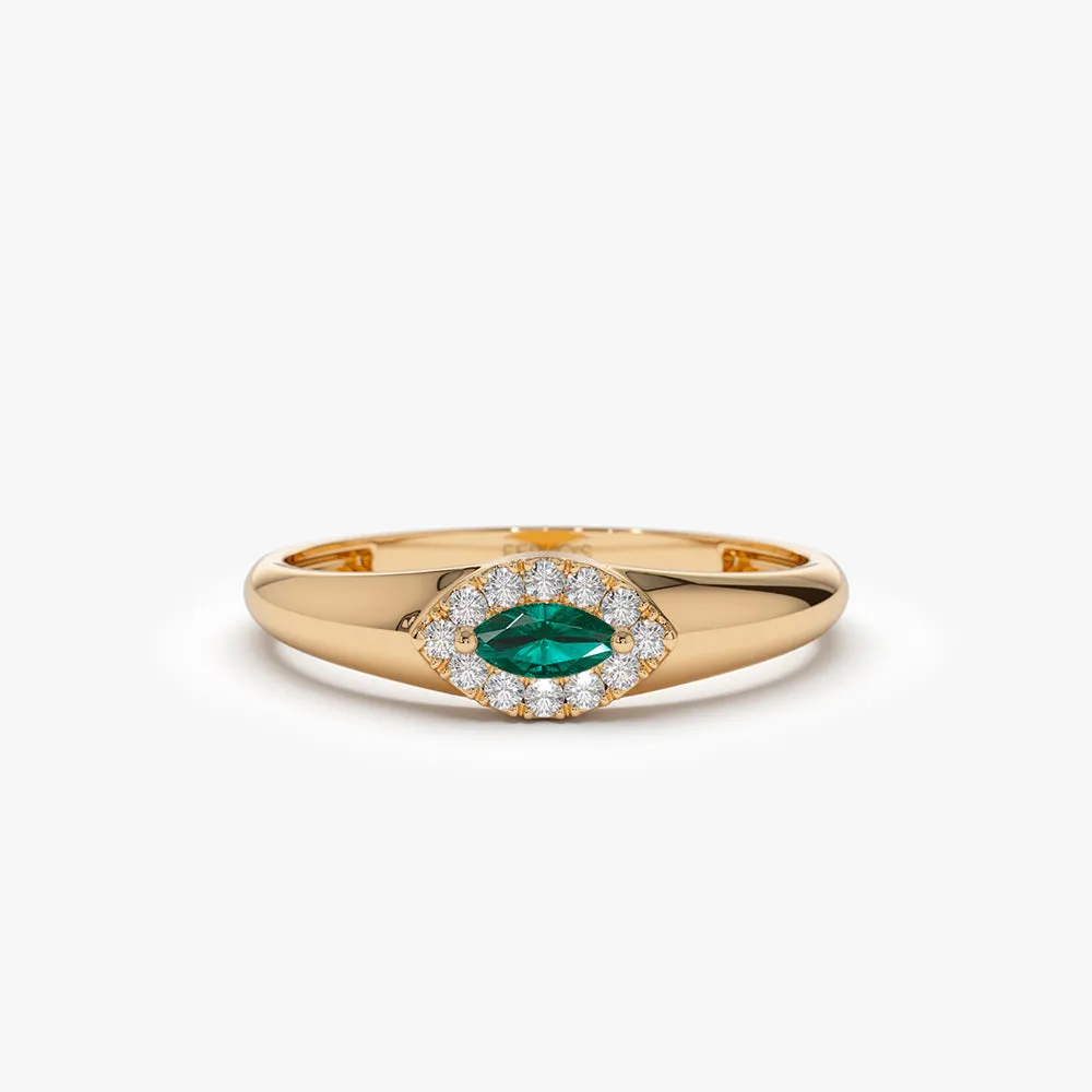 14k Marquise Emerald Ring in Halo Setting