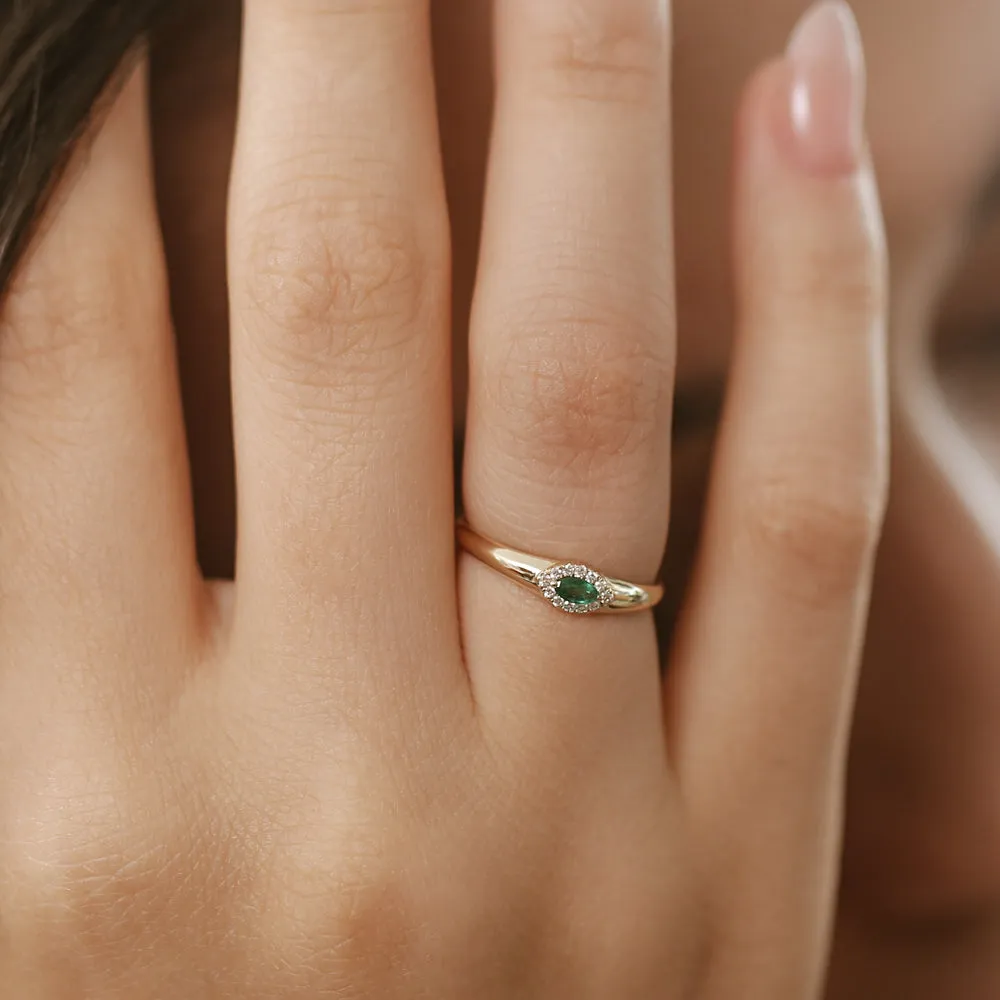 14k Marquise Emerald Ring in Halo Setting