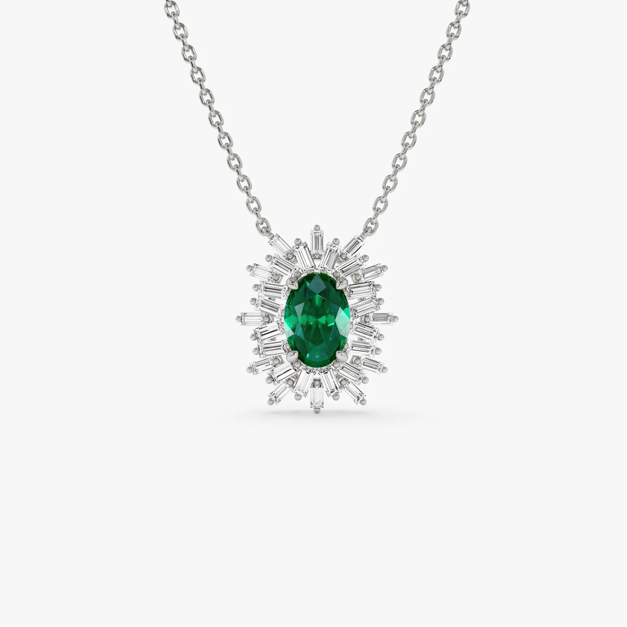 14k Oval Shape Emerald Necklace with Ballerina Baguettes