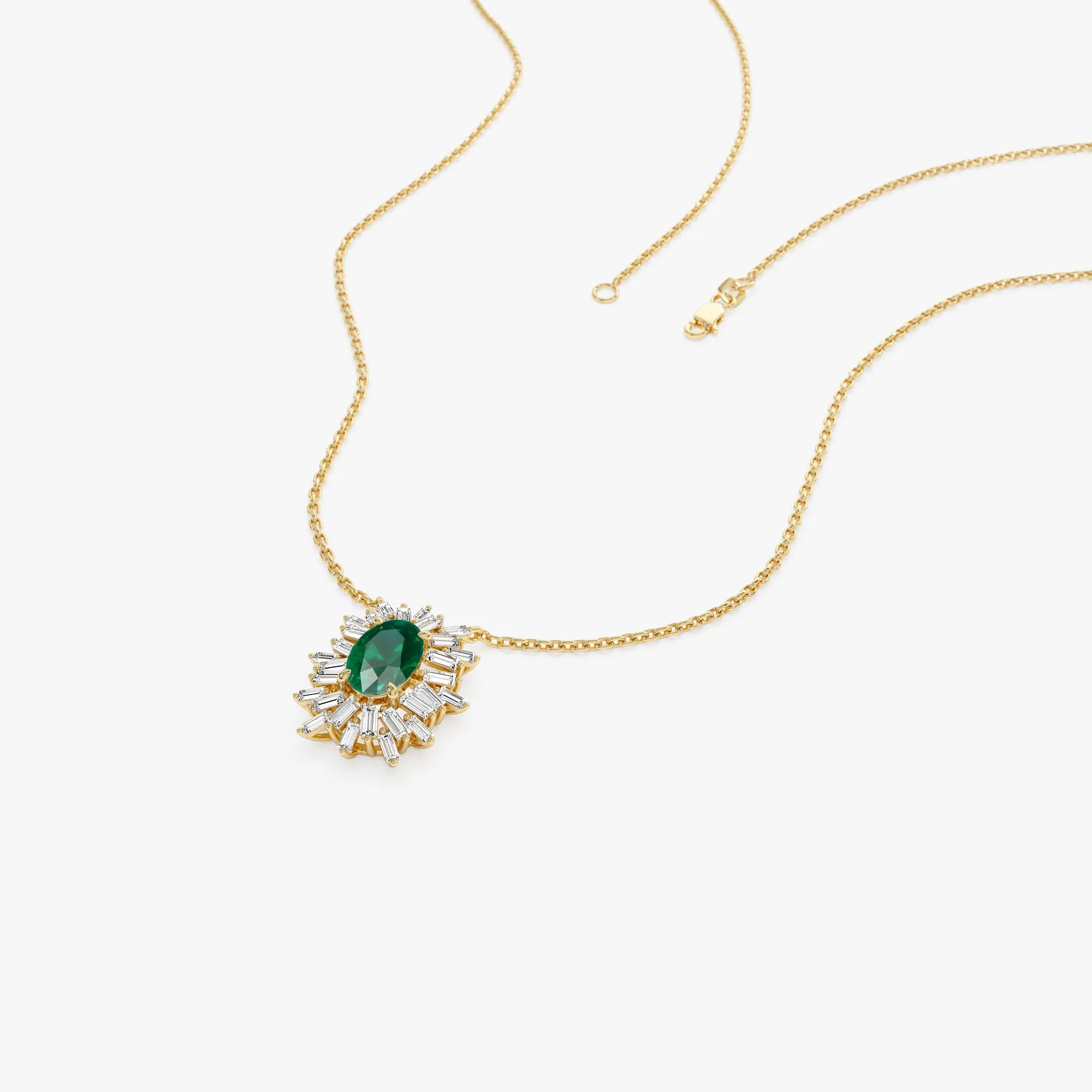 14k Oval Shape Emerald Necklace with Ballerina Baguettes