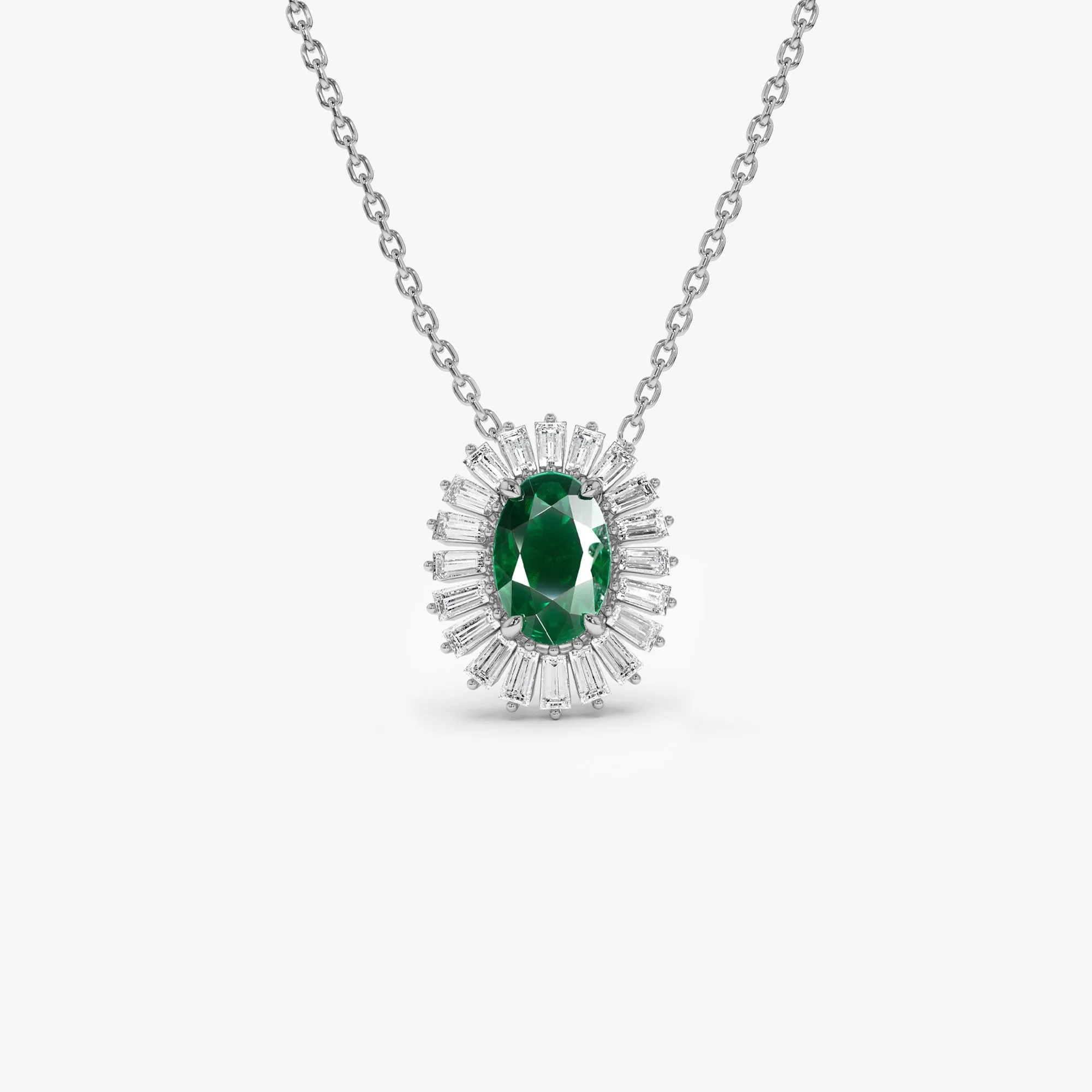 14k Oval Shape Emerald with Baguette Halo Setting Necklace