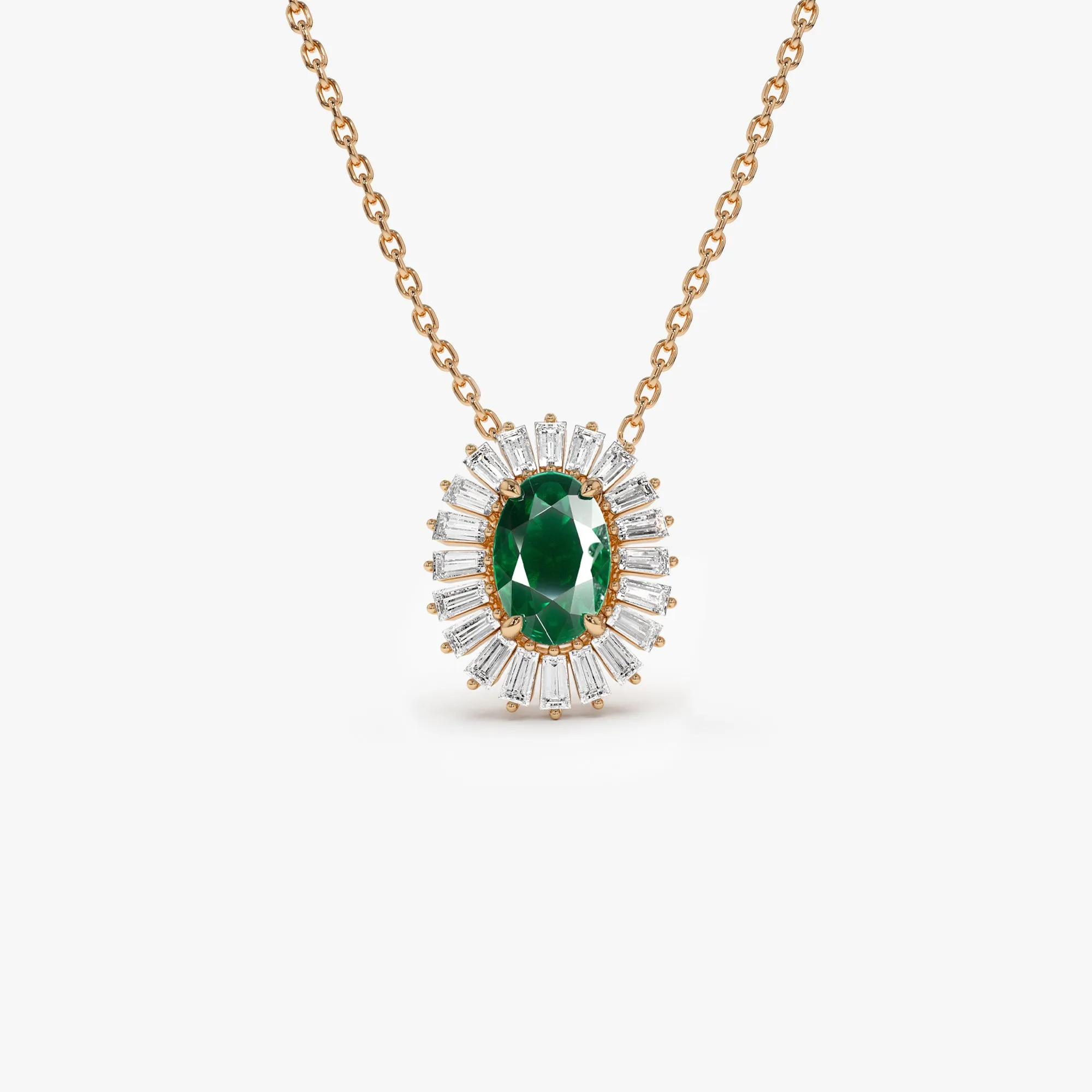 14k Oval Shape Emerald with Baguette Halo Setting Necklace