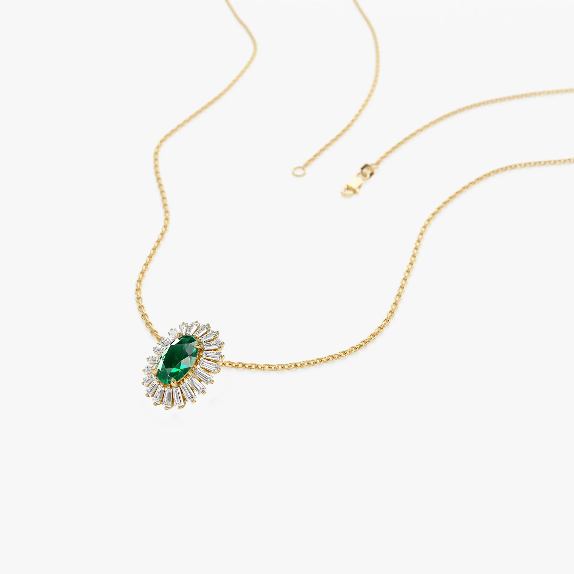 14k Oval Shape Emerald with Baguette Halo Setting Necklace