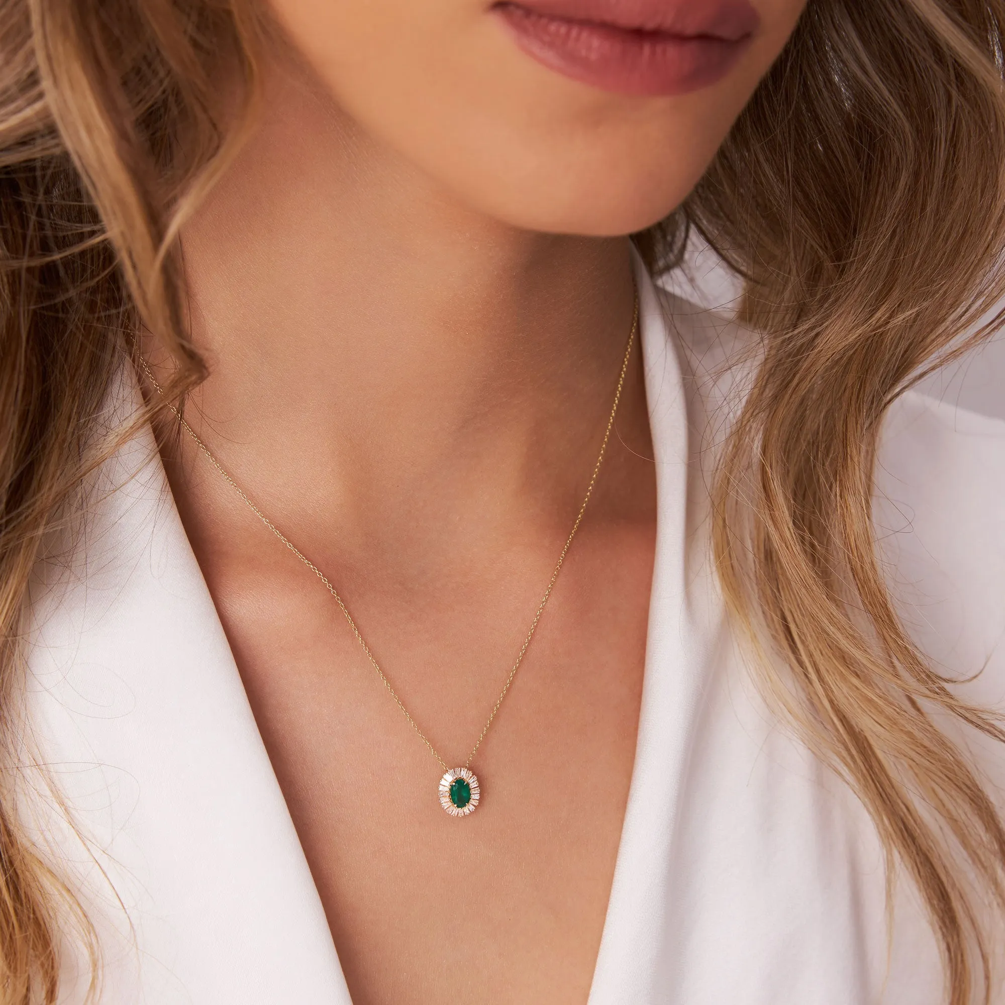 14k Oval Shape Emerald with Baguette Halo Setting Necklace