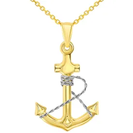 14k Two-Tone Gold 3D Anchor with Rope Pendant Necklace