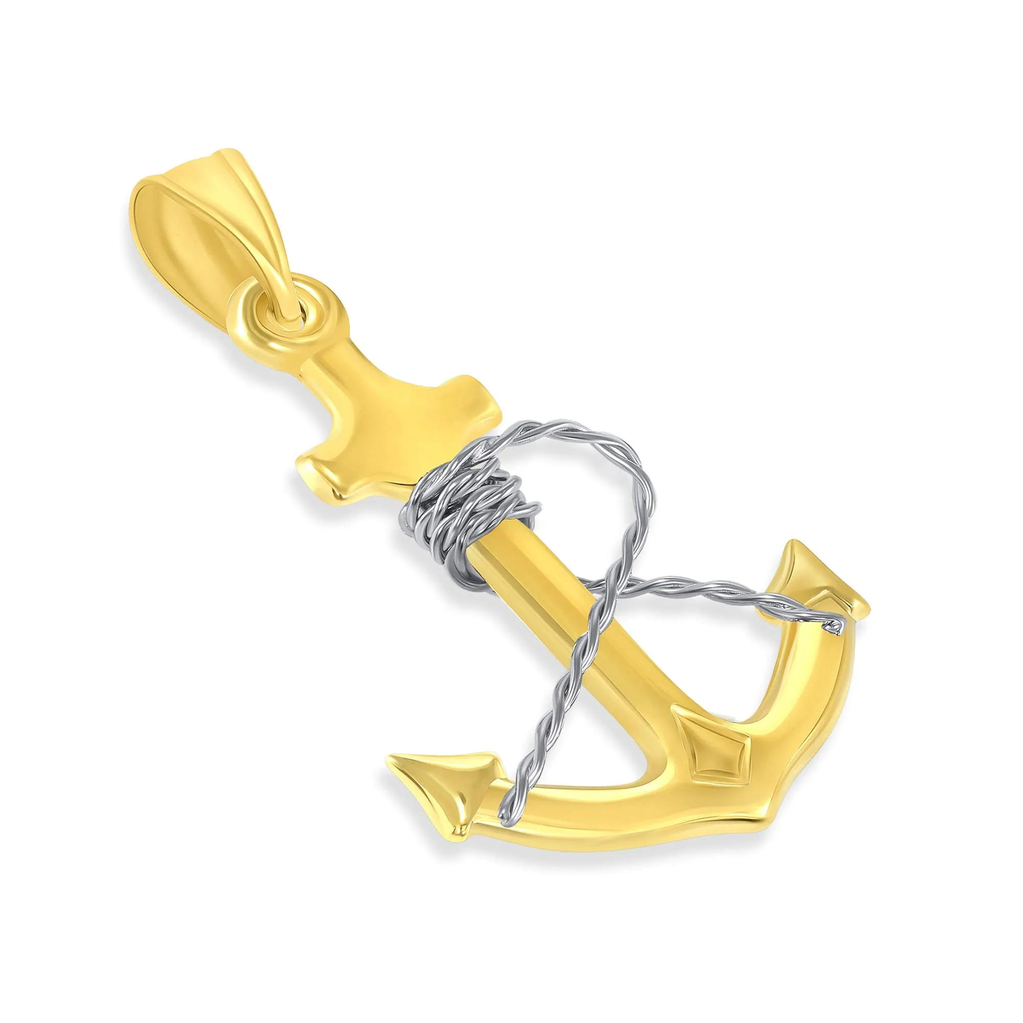 14k Two-Tone Gold 3D Anchor with Rope Pendant Necklace