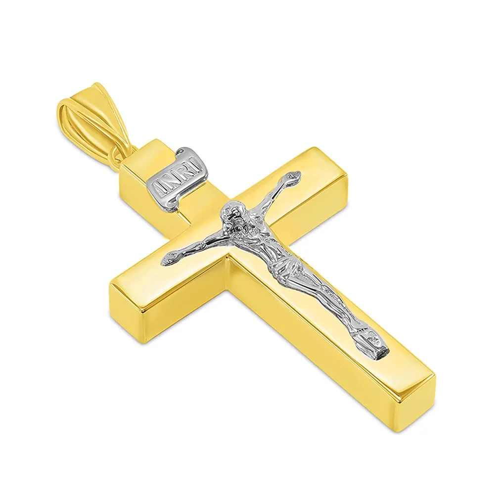 14k Two-Tone Gold 4mm Thick INRI Tubular Crucifix Roman Catholic Cross Pendant Necklace