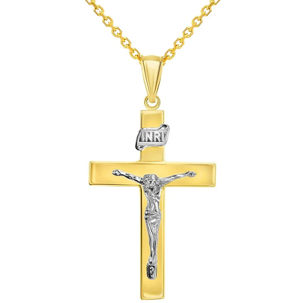 14k Two-Tone Gold 4mm Thick INRI Tubular Crucifix Roman Catholic Cross Pendant Necklace