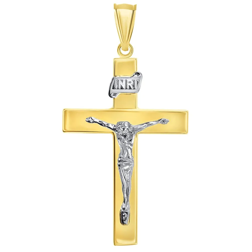 14k Two-Tone Gold 4mm Thick INRI Tubular Crucifix Roman Catholic Cross Pendant Necklace