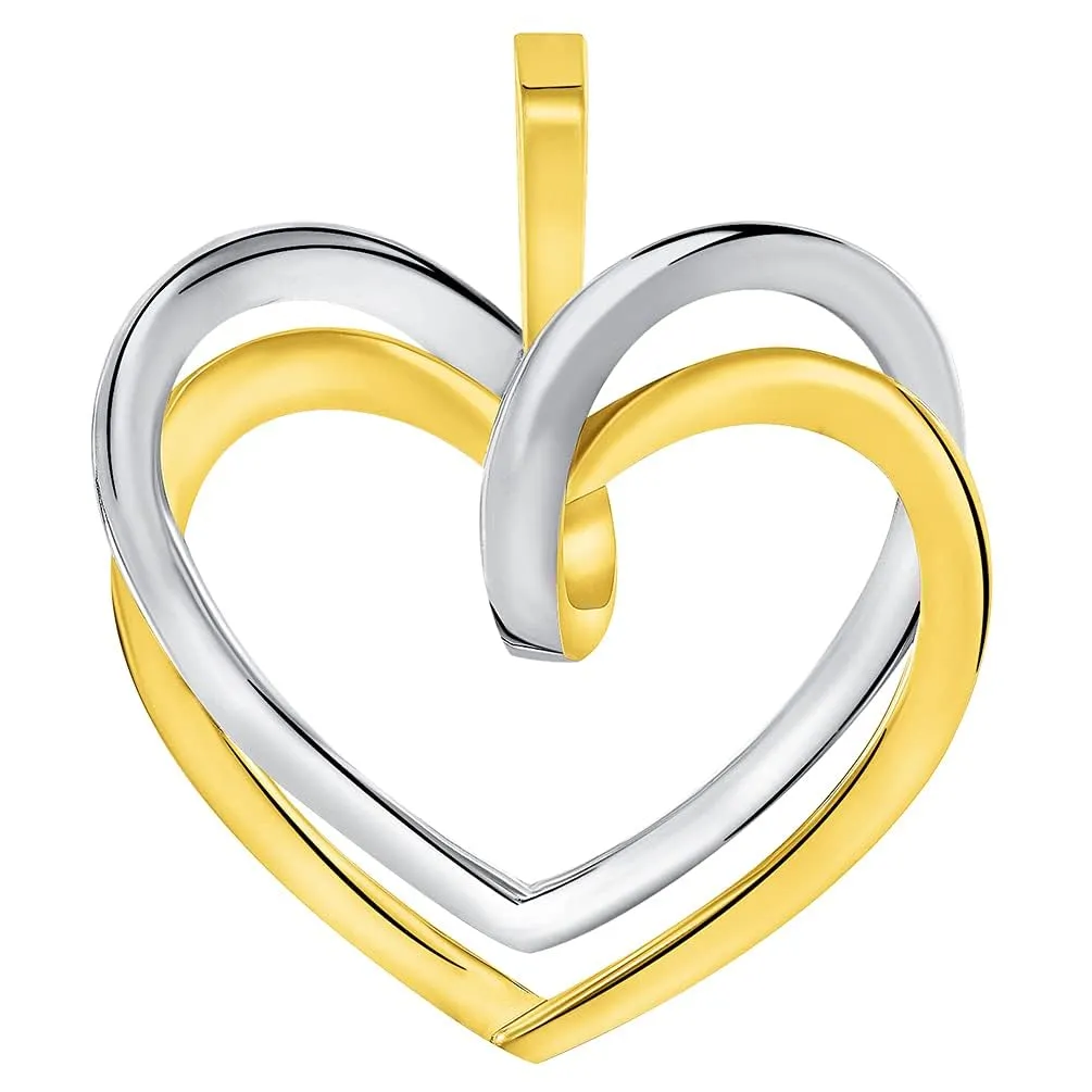 14k Two-Tone Gold Elegant Double Open Heart Pendant with Cable, Curb or Figaro Chain Necklace