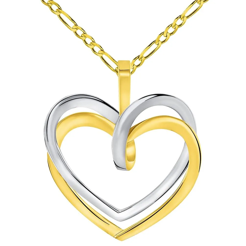 14k Two-Tone Gold Elegant Double Open Heart Pendant with Cable, Curb or Figaro Chain Necklace