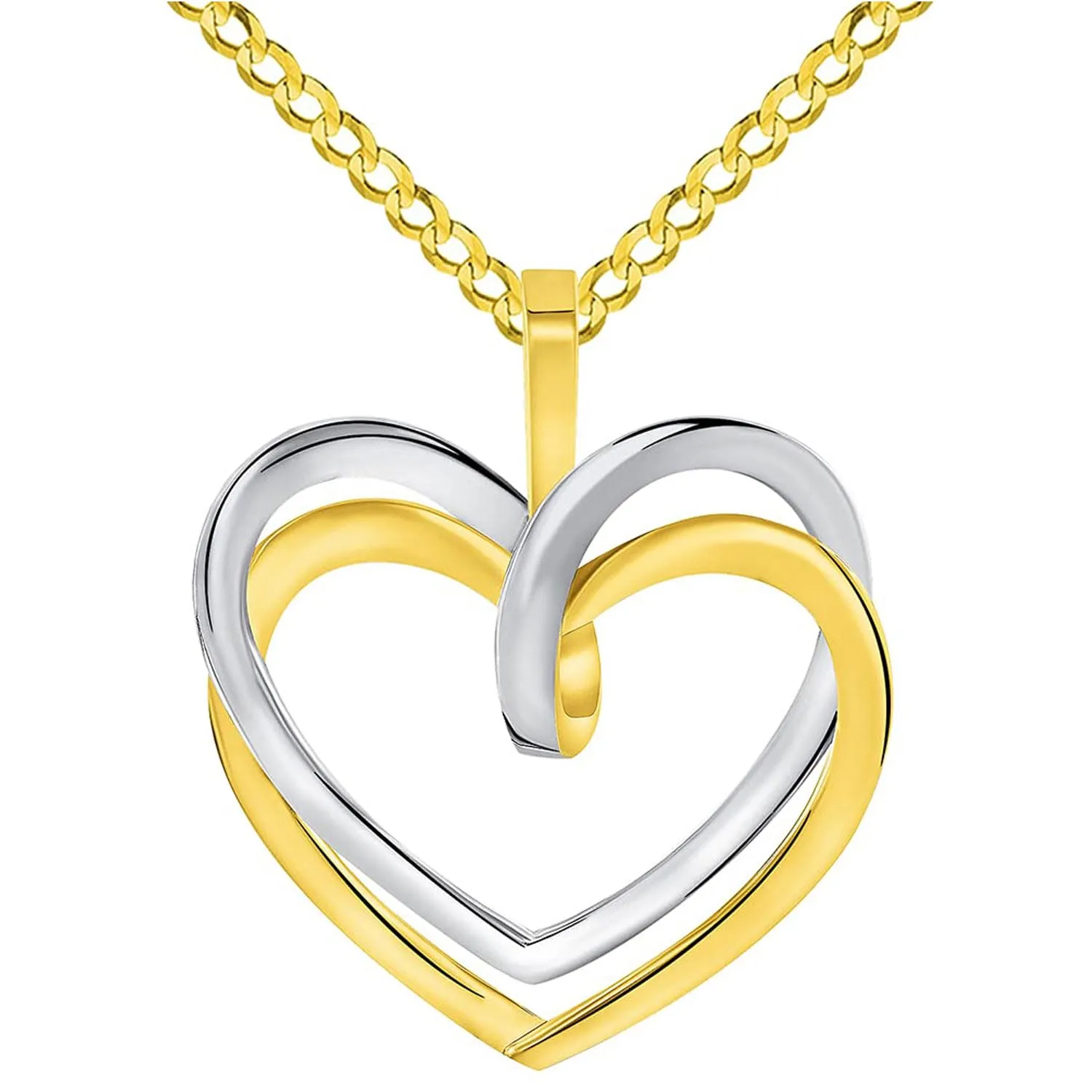 14k Two-Tone Gold Elegant Double Open Heart Pendant with Cable, Curb or Figaro Chain Necklace