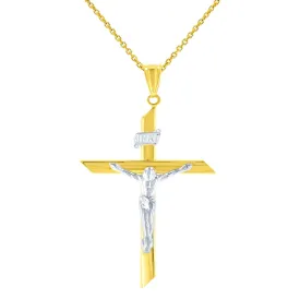 14K Two-Tone Gold Passion Cross with Jesus Christ Crucifix Pendant with Cable, Curb, or Figaro Chain Necklace